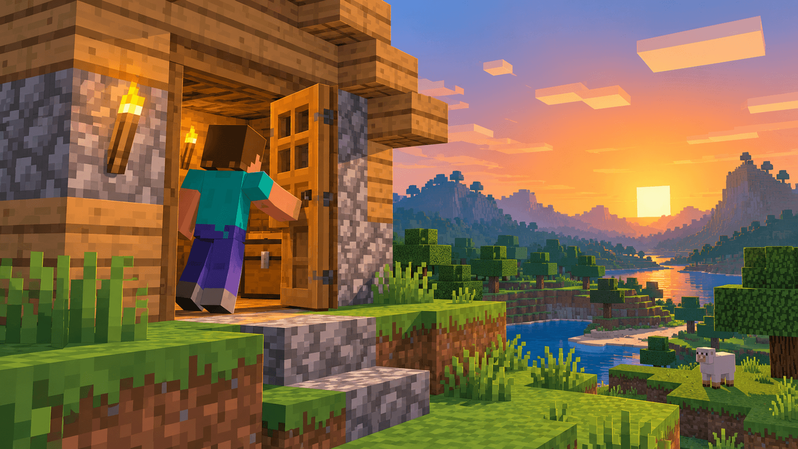 A blocky adventurer opens an oak door in a cobblestone and timber home above a sunset valley.