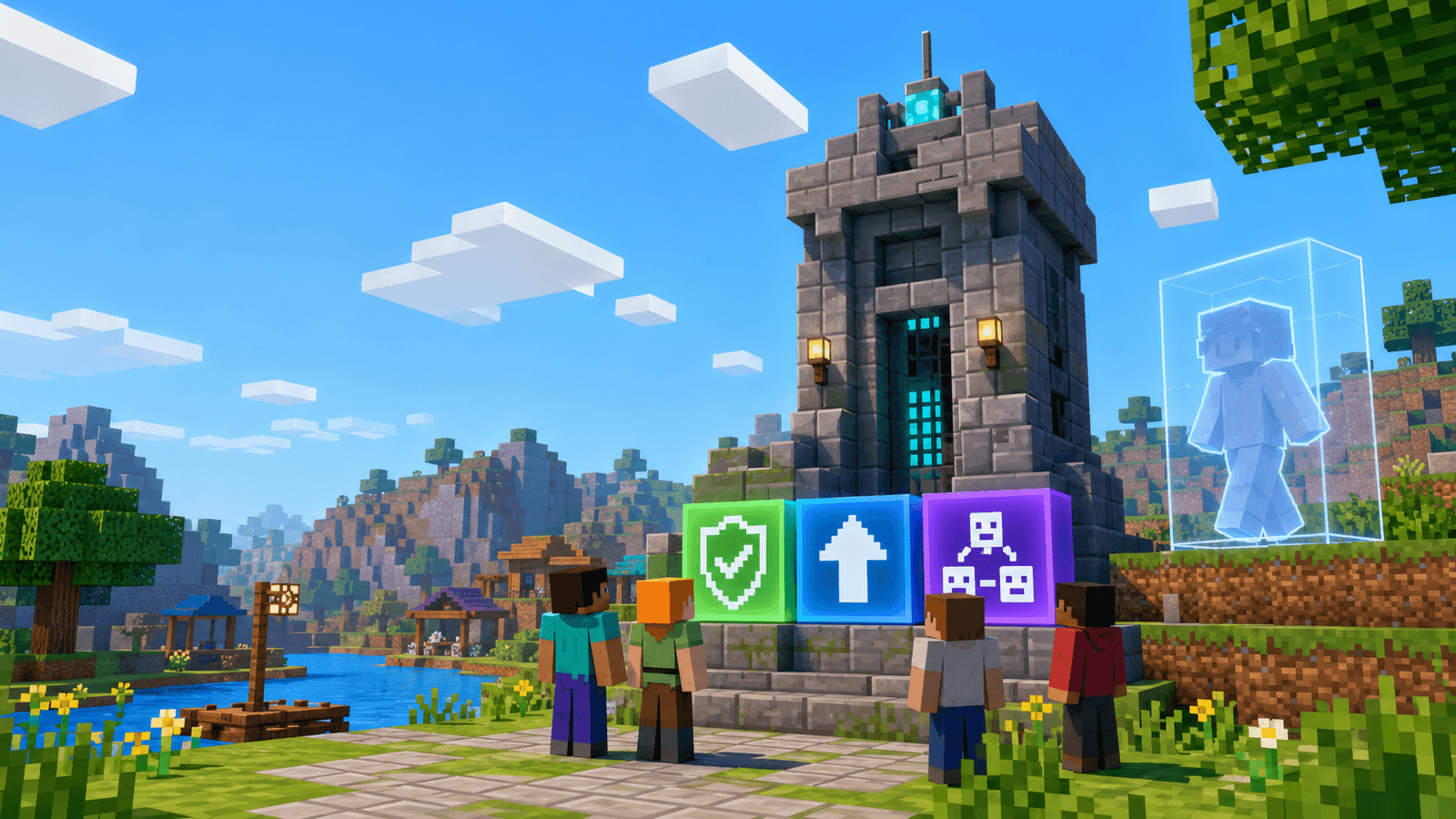 Players standing before a bright server monument with shield, update, and community icons beside a hologram figure.