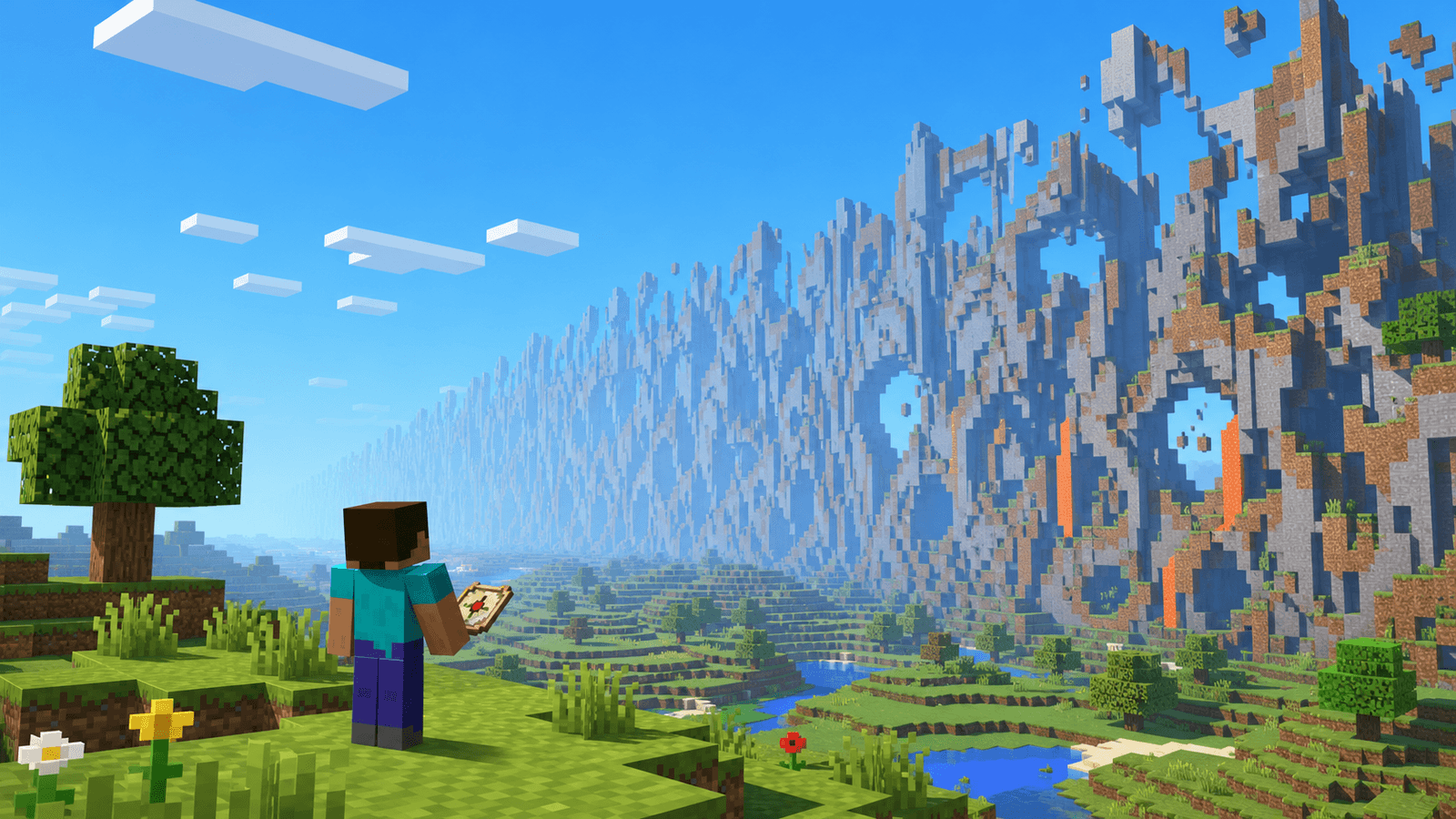 Blocky Minecraft explorer facing distant warped Far Lands cliffs in a bright overworld landscape.
